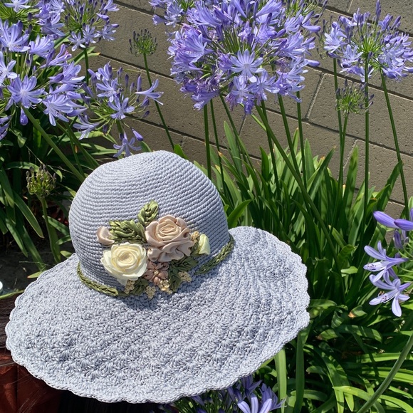 Grey Crocheted Floral Wide Brim Hat main image 13
